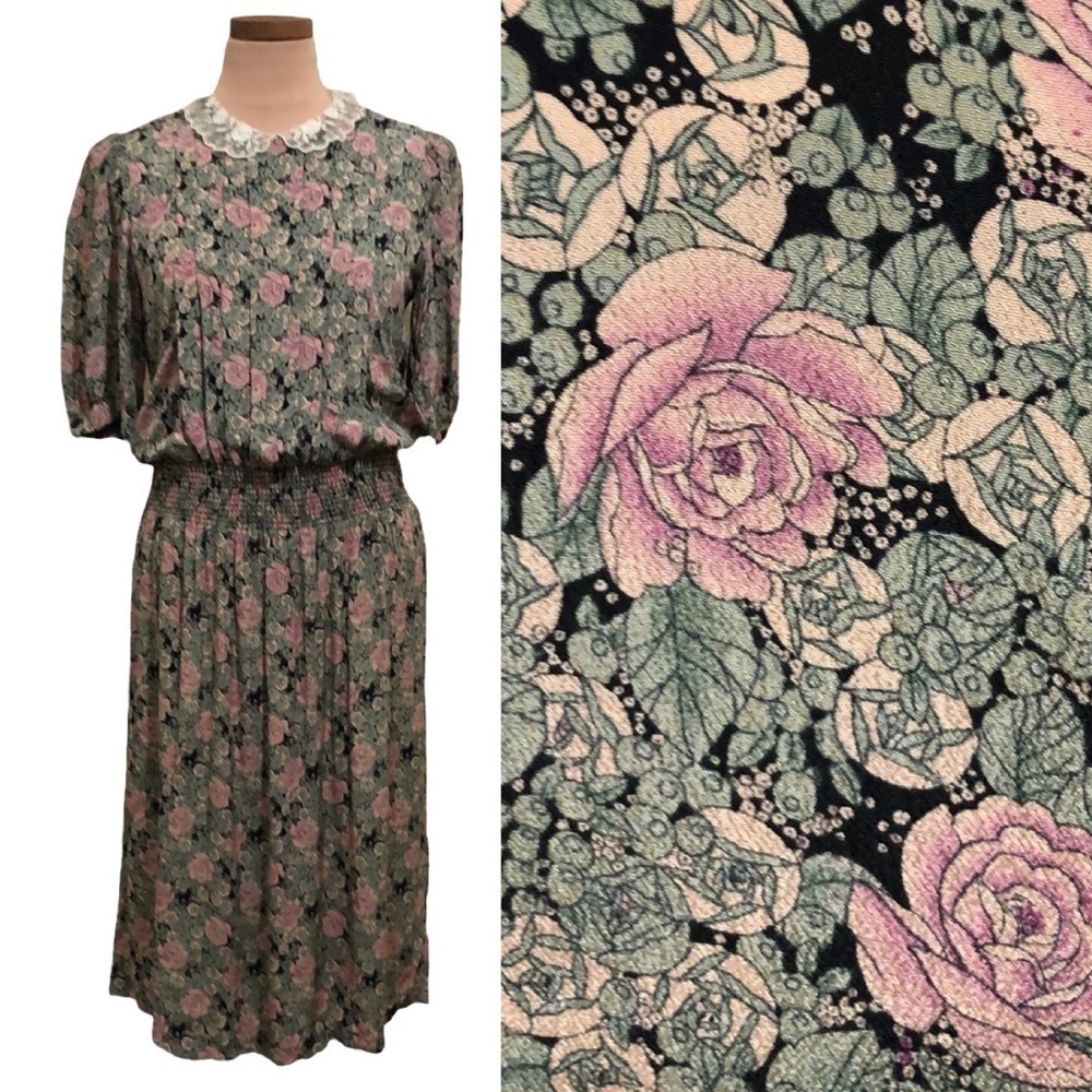 Vintage Midi Dress Size Small Black Green Rose Art Nouveau Floral Print